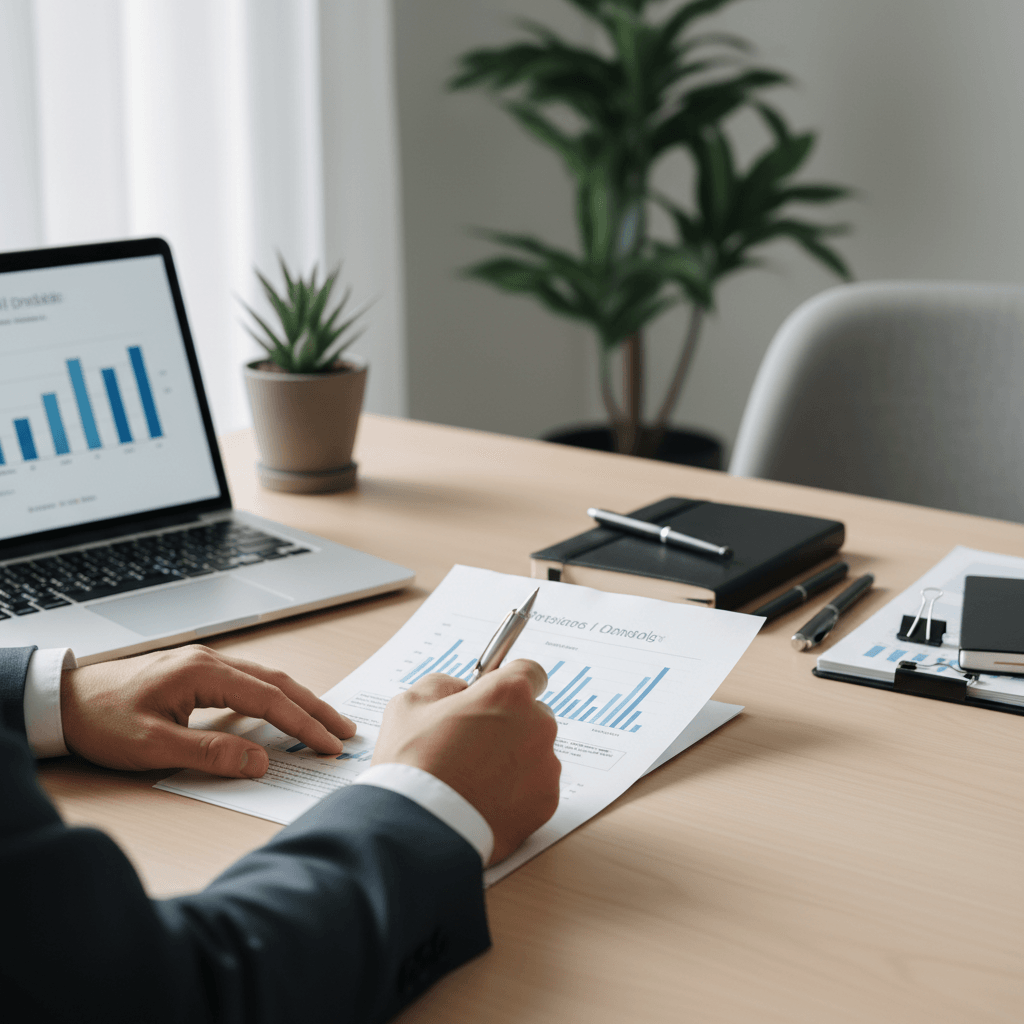 Tax advisor reviewing financial reports at a desk - Guardian Tax Navigator Tax advisor reviewing financial reports at a desk - Guardian Tax Navigator